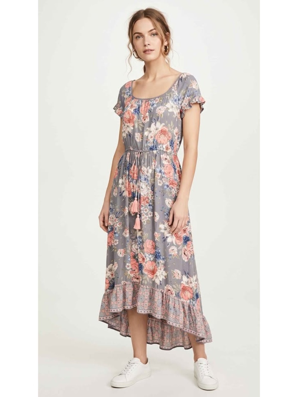 Lola P. Grey Flowy Pink Floral Whimsical Boho Midi Dress Rayon High-Low Hem, M